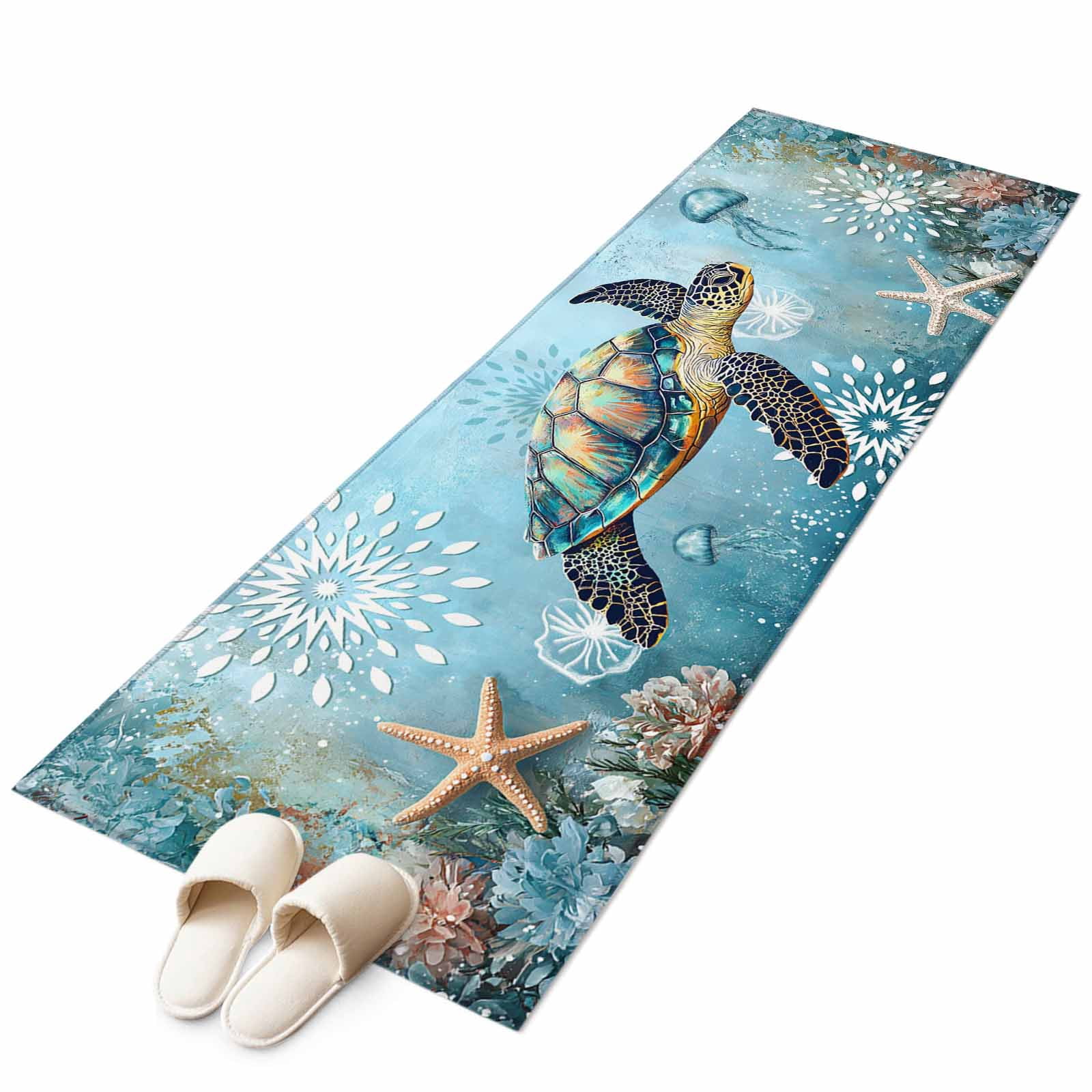 Turtle Rug Runner Coastal Sea Turtle Runner Rug 2x6 FT, Non Slip Hallway Carpet, Vintage ...