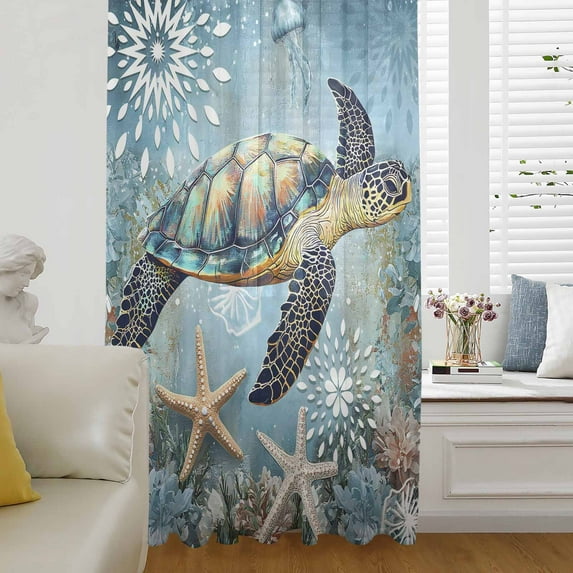 Coastal Sea Turtle Semi Sheer Curtains Drapes for Living Room,Bedroom,French Doors Window 54 Inches Long,Vintage Teal Nautical Beach Botanical Rod Pocket Chiffon Curtain Drapery Voile Drape Panel