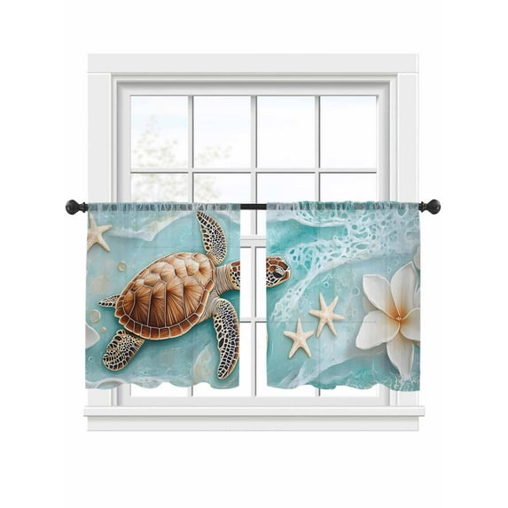 Coastal Sea Turtle Sheer Curtains 54 Inch Long 2 Panels, Beach Ocean White Floral Starfish Light Filtering Rod Pocket Curtains, Sheer Voile Drapes for Living Room Bedroom, 52"x54"