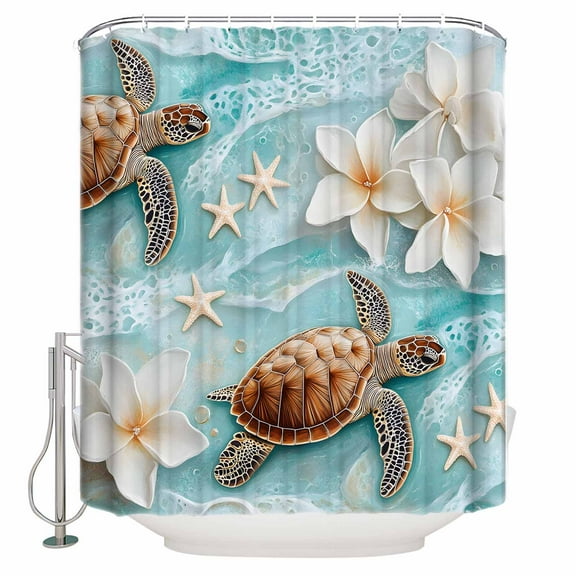 Coastal Sea Turtle Shower Curtain, 60" x 72", Beach Ocean White Floral Starfish Waterproof Bathroom Curtain Washable Shower Curtain Set with 12 Hooks