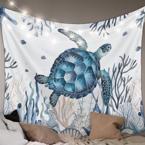 Coastal Sea Turtle Small Tapestry for Bedroom Wall Hanging Tapestry, Ocean Beach Summer Coral Starfish Ceiling Backdrop Tapestries Poster Blanket Wall Decor for Teens Room Living Room Dorm 23" x 28"