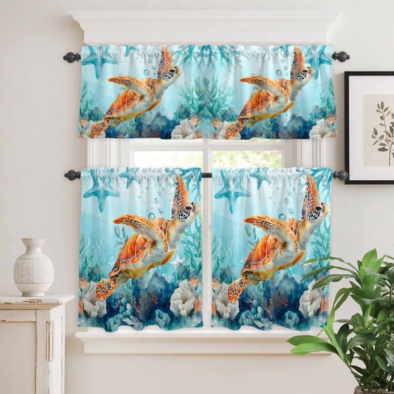 Coastal Sea Turtle Starfish Curtain Tier and Valance Set 3 Piece ...