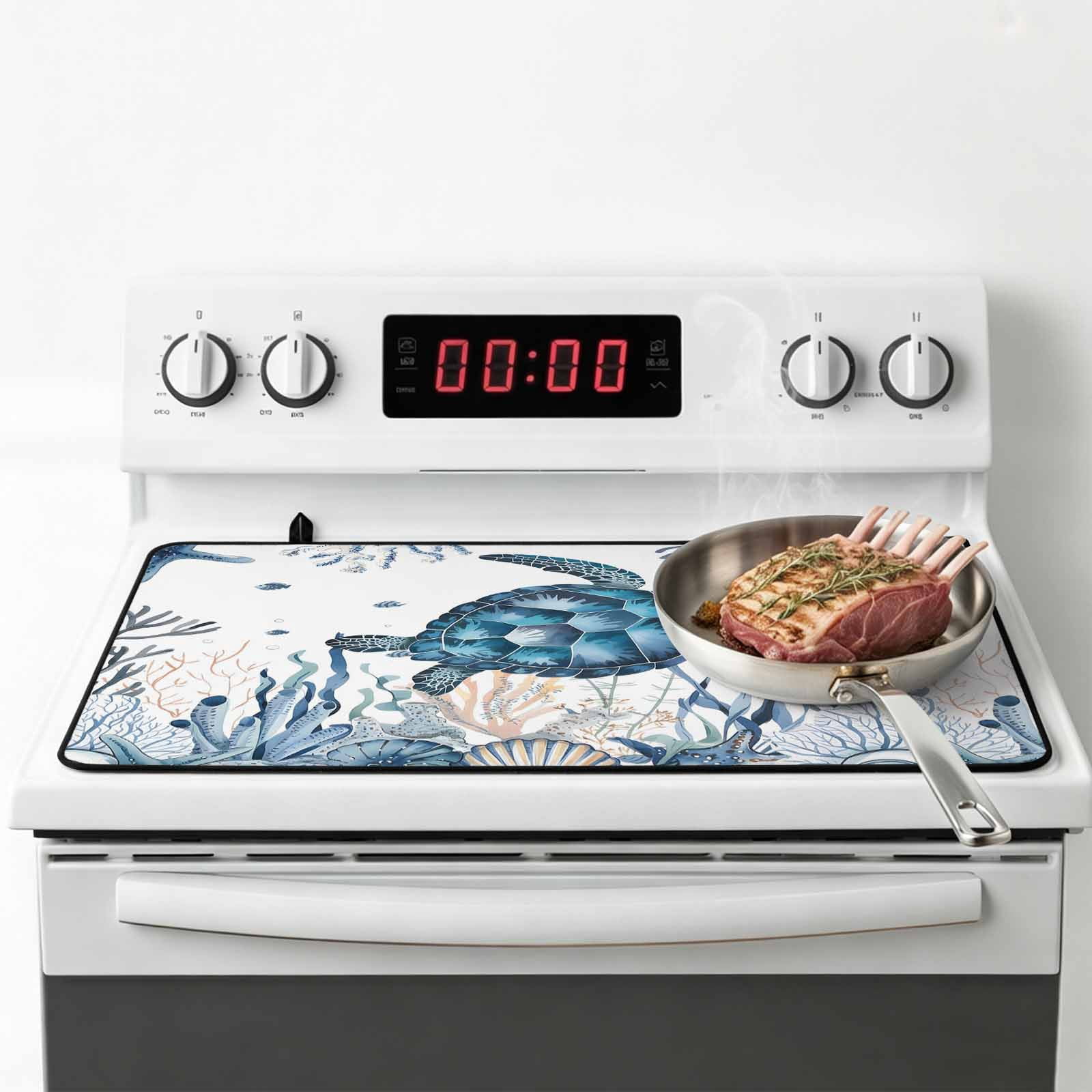 Coastal Sea Turtle Stove Top Cover for Electric Stove, Heat-proof & Non Slip Glass Top Stove Cover Protector, Ocean Beach Summer Coral Starfish Kitchen Flat Cooktop Rubber Mat 24x21 Inches