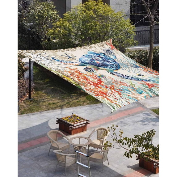 Coastal Sea Turtle Sun Shade Sail 12'x16' Rectangle Outdoor Shade Canopy, Rustic Vintage Nautical Starfish Coral Porch Shades Outdoor Sun Blocking Screen, Sunshade Cloth Covers for Patio/Deck/Garden