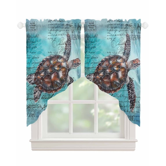 Coastal Sea Turtle Swag Valances for Windows, Blue Nautical Summer Beach Vintage Rod Pocket Sheer Valances for Small Windows, Swag Toppers Light Filtering for Kitchen Living Room 2 Panels 36''x36''