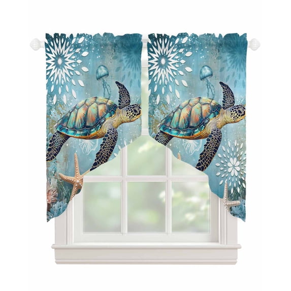 Coastal Sea Turtle Swag Valances for Windows, Vintage Teal Nautical Beach Botanical Rod Pocket Sheer Valances for Windows, Swag Toppers Light Filtering for Kitchen Living Room 2 Panels 36''x45''