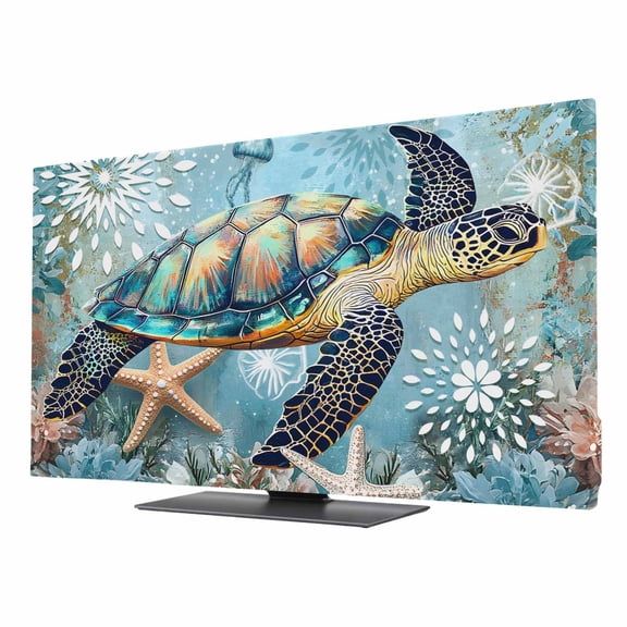 Coastal Sea Turtle TV Cover for 24 Inch Screen,Stretch Fabric Dustproof TV Display Protector,Vintage Teal Nautical Beach Botanical Elastic Slipcover Monitor Cover for Desktop Computer 20.9"x11.8"