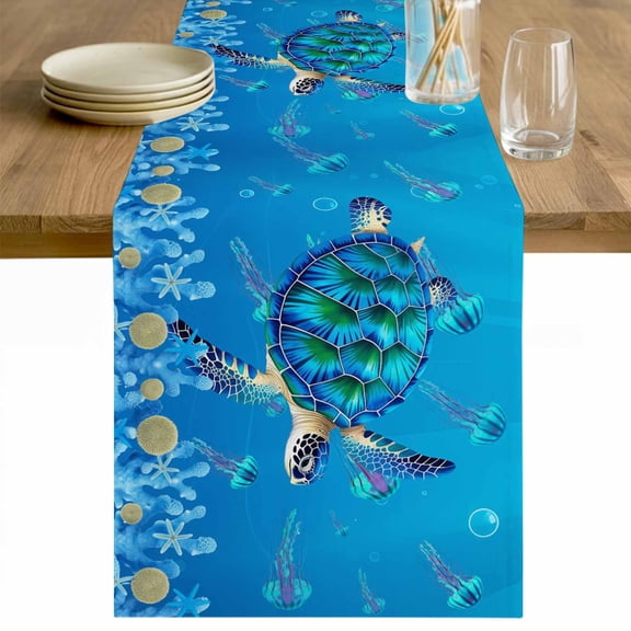 Coastal Sea Turtle Table Runner - 36 Inch Long Blue Nautical Ocean Jellyfish Coral Cotton and Linen Blended Dress Scarves Farmhouse Table Runner for Kitchen Dining, Coffee Table, 13" x 36"