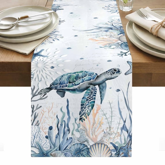 Coastal Sea Turtle Table Runner - 90 Inch Long, Kitchen Dining Table Runner Dresser Scarves, Summer Ocean Coral Conch Farmhouse Decor for Coffee Tables Wedding Party Banquet