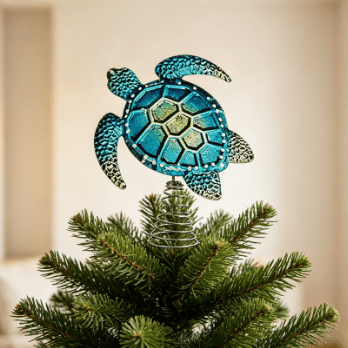 Coastal Sea Turtle Tree Topper With Metal Spring Base Blue Gradient Turtle Ornament Nautical Mini Christmas Tree Top Decor Beach Style Tabletop Ornament For Home Holiday Decor
