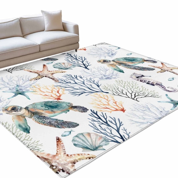 Coastal Sea Turtle Washable Rug 9x12 Area Rug for Living Room Bedroom Non Slip Indoor Floor Rectangle Carpet Soft Low Pile Large Summer Beach Coral Ocean Starfish Entryway Rugs for Dining Room Office