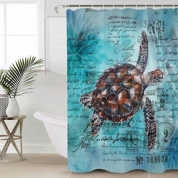 Coastal Sea Turtle Waterproof Fabric Shower Curtain, Blue Nautical Summer Beach Vintage Shower Curtain for Bathroom Curtains Bathtubs Hotel Washable Shower Curtains with 12 Hooks Stall 54x78in