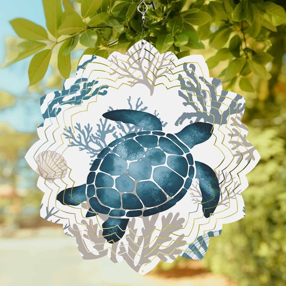 Coastal Sea Turtle Wind Spinner for Garden Yard 8In, Blue Gray Shell Coral Ocean Summer 3D Stainless Steel Kinetic Hanging Wind Spinners Rustproof Outdoor Decor for Lawn Patio Home