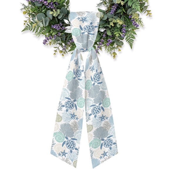 Coastal Sea Turtle Wreath Sash for Front Door, Nautical Ocean Creatures Starfish Wreath Bow Holiday Garland Ribbon Wreath Accessories for Home Yard Porch Doorway Fall Christmas Decorations Gifts