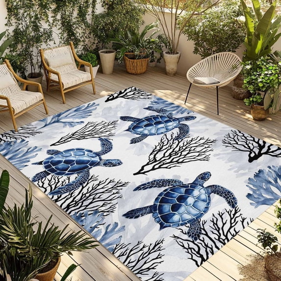 Coastal Sea Turtles Outdoor Rug for Patio/Deck/Porch, Non-Slip Large Area Rug 3 x 5 Ft, Blue Summer Coral Ocean Beach Indoor Outdoor Rugs Washable Area Rugs, Reversible Camping Rug Carpet Runner