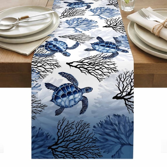 Coastal Sea Turtles Table Runner Summer Coral Ocean Beach Gradient Blue ...
