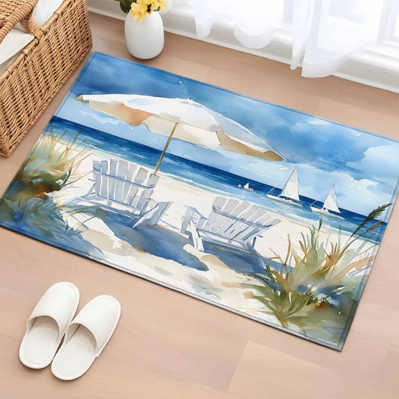 Coastal Sea Wave Blue Bathroom Rug Washable 2x3 Entryway Rug Non Slip Nautical Ocean Beach Plant Front Door Mat Low Pile Indoor Doormat Throw Floor Carpet for Kitchen Bedroom Entrance