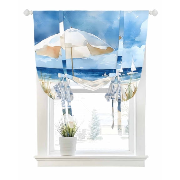 Coastal Sea Wave Blue Tie Up Curtains for Window, Thermal Insulated Balloon Shade Adjustable Rod Pocket Curtains Valance Panels for Kitchen Bathroom Cafe 42 x 54 Nautical Ocean Beach Plant