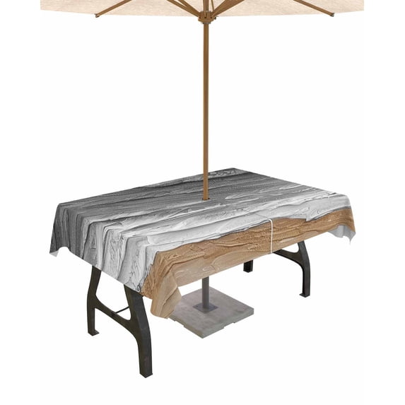 Coastal Sea Waves Grey Gradient Rectangle Tablecloth with Zipper,Waterproof Table Cloth with Umbrella Hole Patio Tablecloths for Outdoor Tables,Vintage Oil Painting Art Spillproof Table Cover