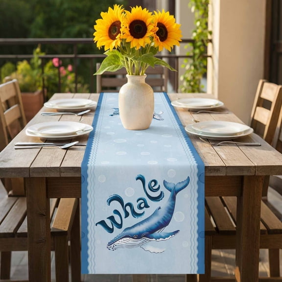 Coastal Sea Whale Table Runner 36 Inches Long,Kitchen Dining Tablerunners Ocean Creature on Blue Bubble Linen Table Runners Dresser Scarves for Home Dinner Wedding Holiday Party Decor