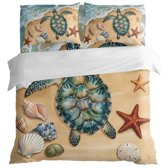 Coastal Sea turtle Duvet Cover Set California King Size, Beach Starfish Shell Conch Nautical Ocean 4 Piece Bedding Set with Zipper Closure & Corner Ties Soft Breathable Comforter Cover for Bedroom