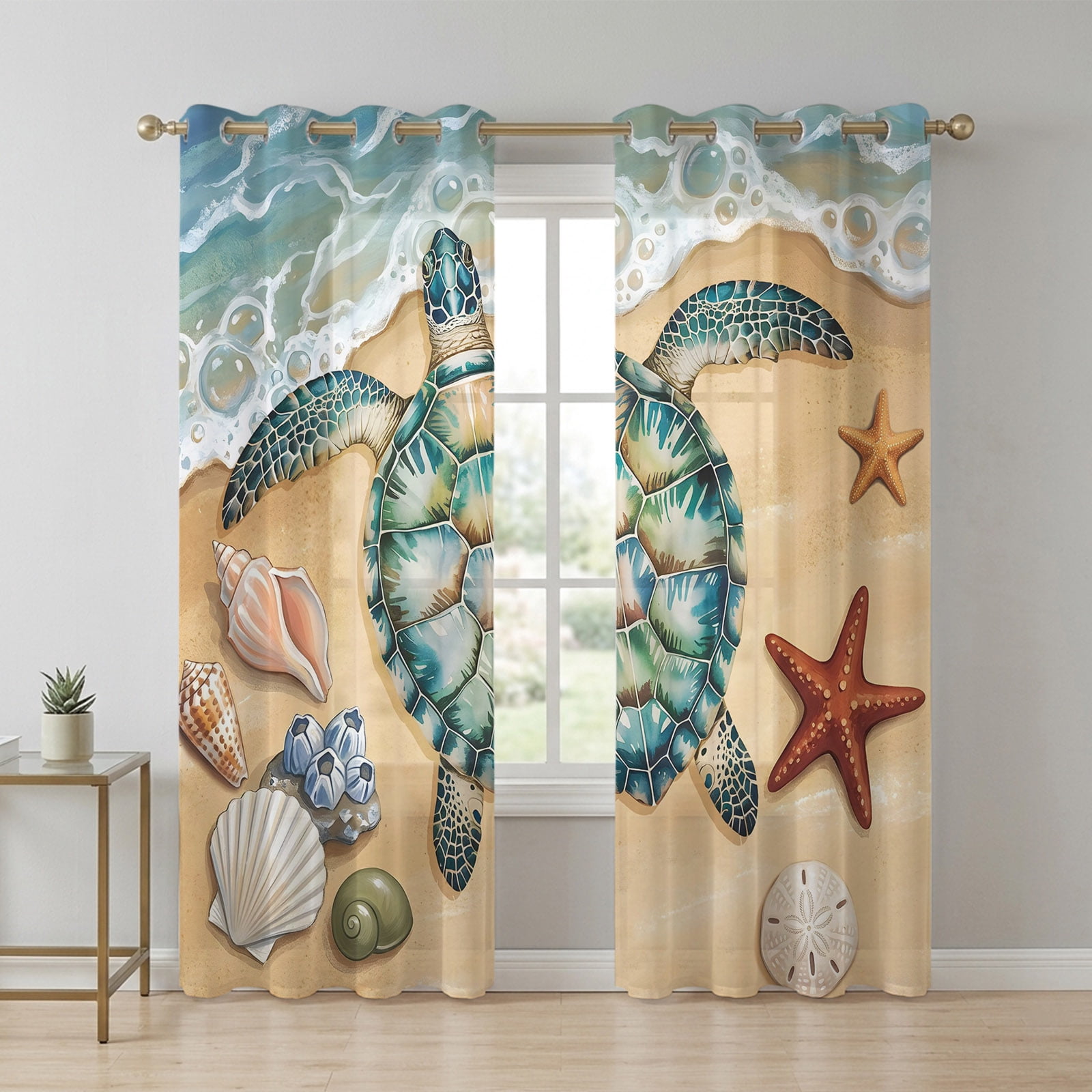 Coastal Sea turtle Sheer Curtains 72 Inch Long 2 Panels, Beach Starfish ...