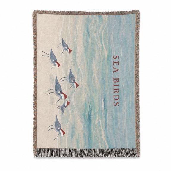 Coastal Seabird Ocean Blue Woven Throw Blanket, Cotton with Fringed Edges, Nautical Style, Couch and Bed Home Decor