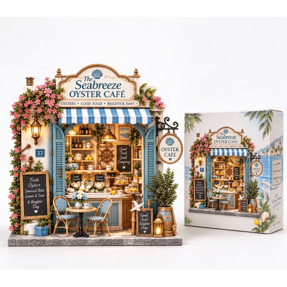 Coastal Seabreeze Oyster Cafe DIY Miniature Kit, 3D Wooden Shadow Box Book Nook, Easy Slot-In Build Tiny House Craft Kit for Hobby Lovers