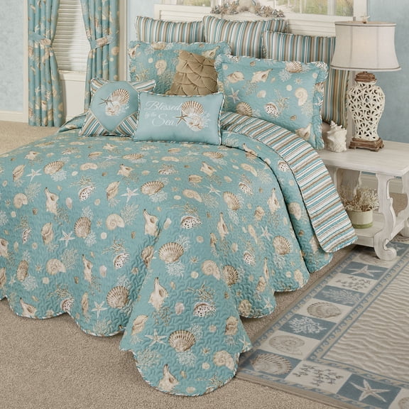 Coastal Seabreeze Shell Stripe Bedding, Washable, Aqua, 10-Pc Oversized King Bedspread Set