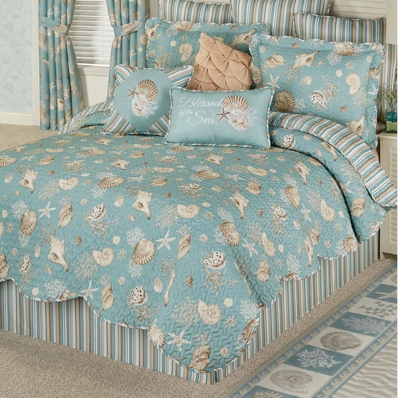 Coastal Seabreeze Shell, Stripe Bedding, Washable, Aqua, 4-Pc Oversized Full Quilt Set