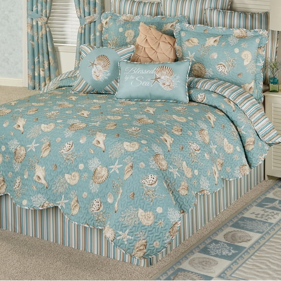 Coastal Seabreeze Shell, Stripe Bedding, Washable, Aqua, 4-Pc Oversized Queen Quilt Set