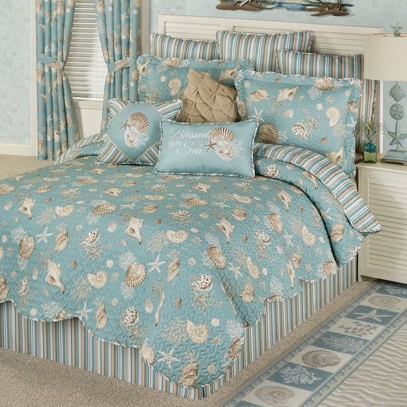 Coastal Seabreeze Shell, Stripe Bedding, Washable, Aqua, 4-Pc Oversized Queen Quilt Set