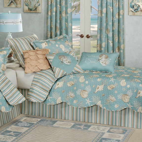 Coastal Seabreeze Shell, Stripe Bedding, Washable, Aqua, 6-Pc Oversized Twin Quilt Set