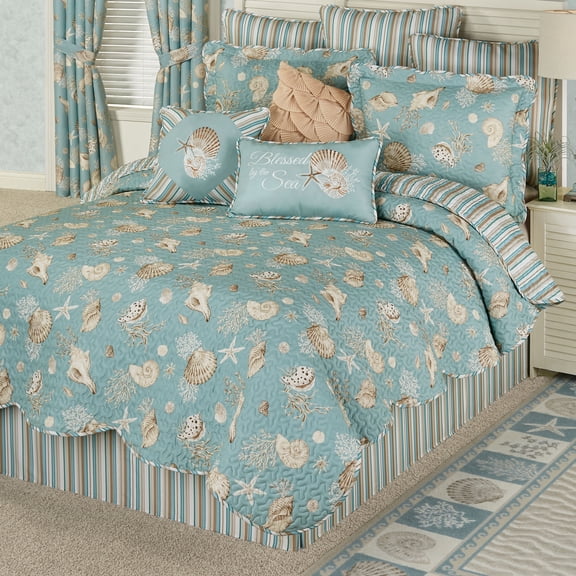 Coastal Seabreeze Shell, Stripe Bedding, Washable, Aqua, 7-Pc Oversized Full Quilt Set