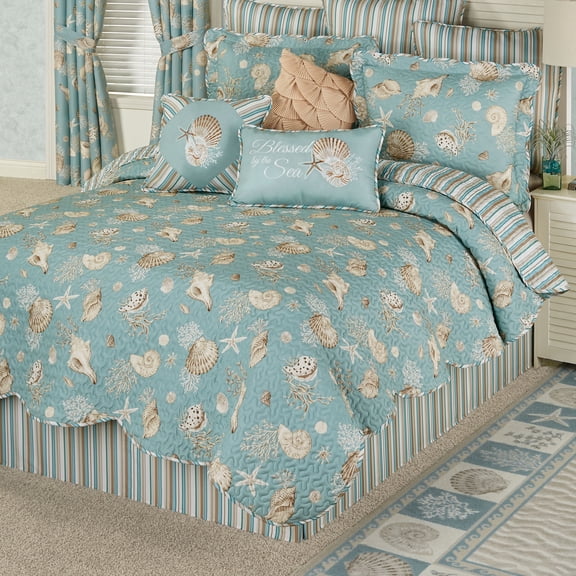 Coastal Seabreeze Shell, Stripe Bedding, Washable, Aqua, 7-Pc Oversized Queen Quilt Set