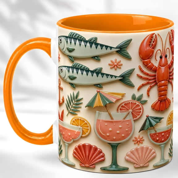 Coastal Seafood Coffee Mug, Lobster Fish Mug, Ceramic 11 oz