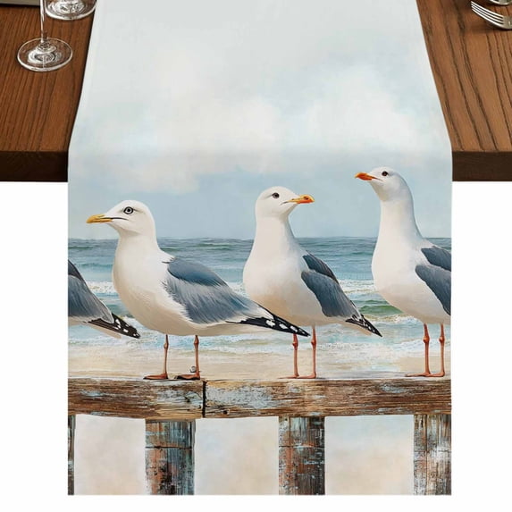 Coastal Seagull 90 Inch Table Runner, Summer Beach Ocean Bird Watercolor Farmhouse Dresser Scarf Cotton & Linen Tablerunner for Dining/Kitchen Island/Holiday Party Décor 13" x 90"