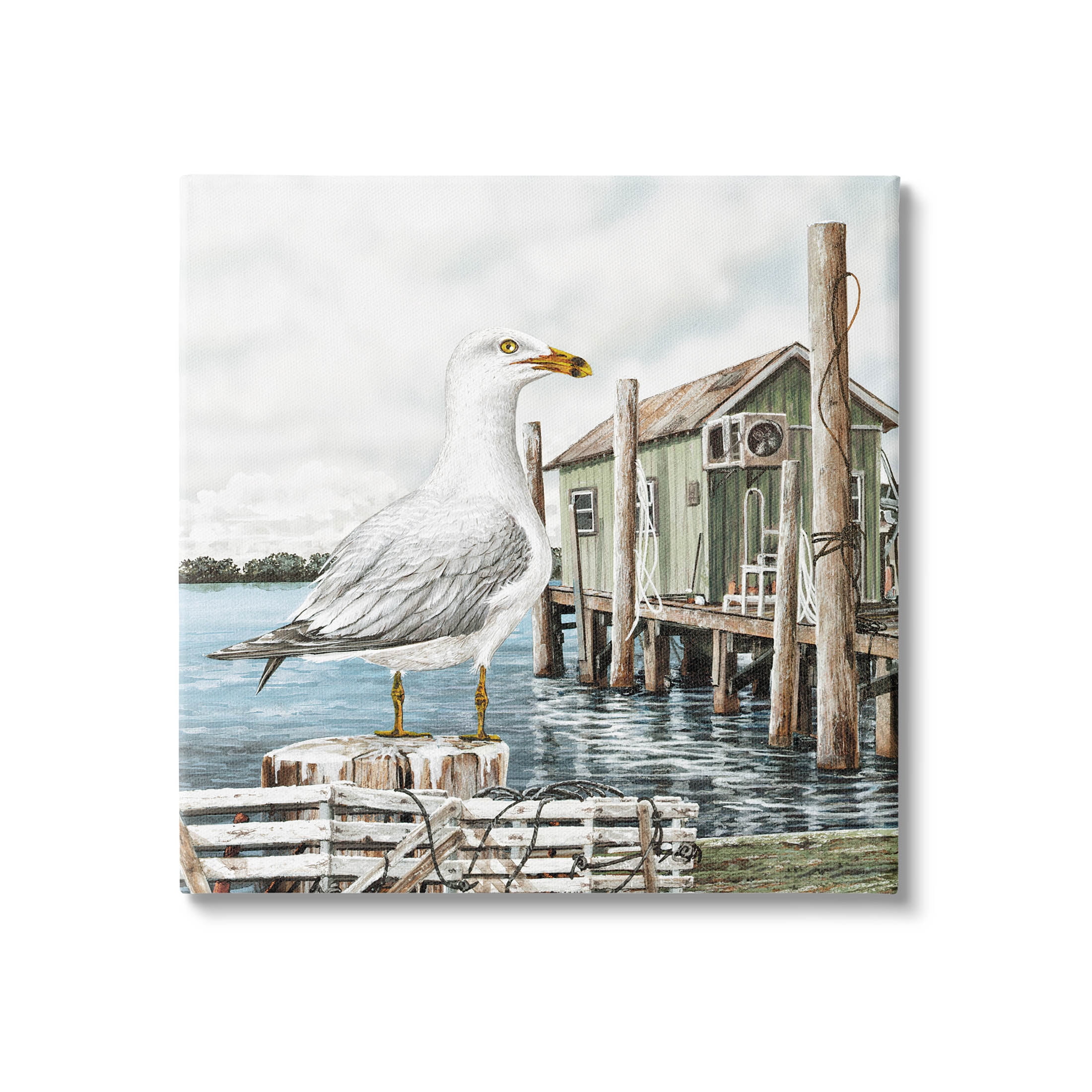 Coastal Seagull Perched Dock Marina Animals & Insects Painting Gallery Wrapped Canvas Print Wall Art