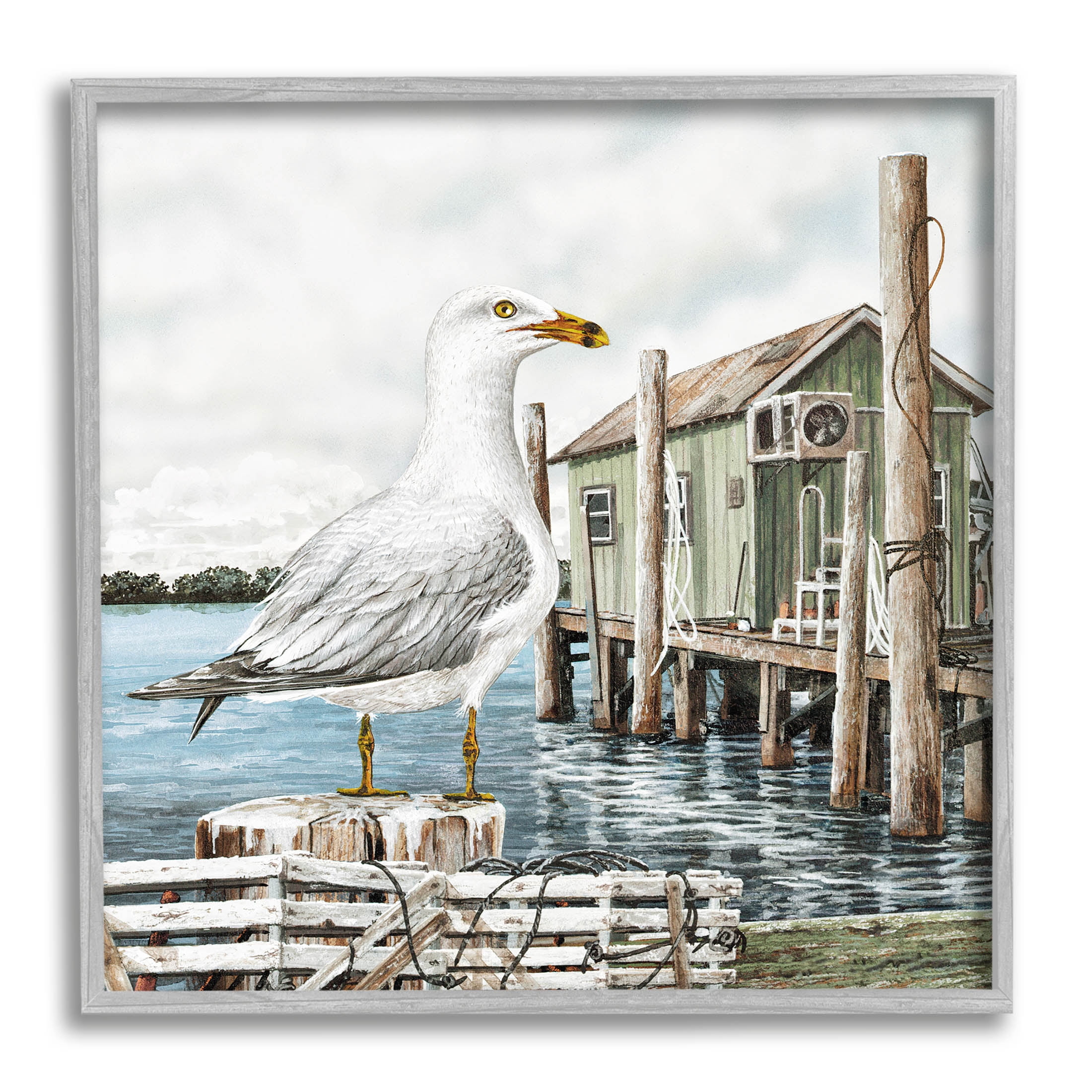 Coastal Seagull Perched Dock Marina Animals & Insects Painting Gray Framed Art Print Wall Art