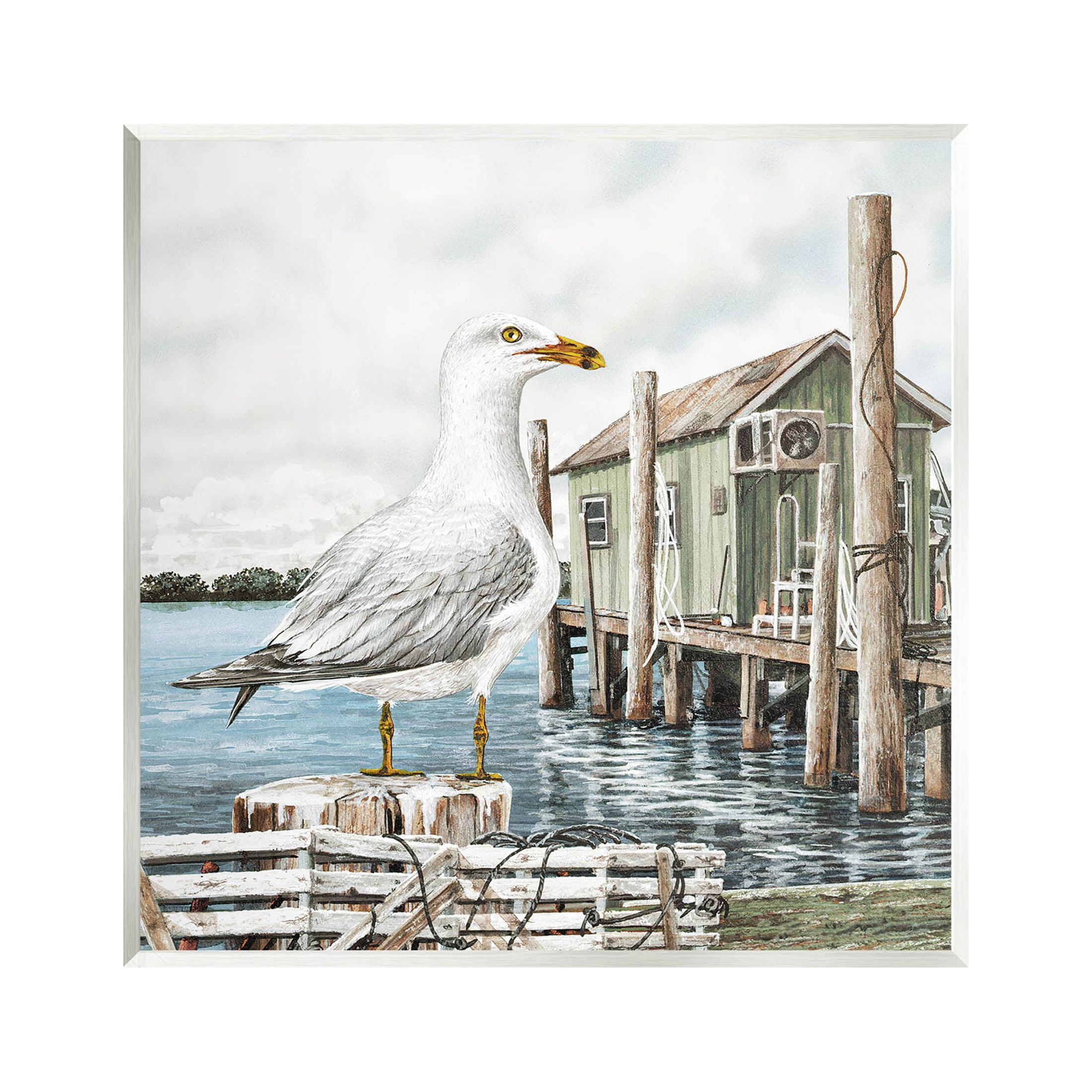 Coastal Seagull Perched Dock Marina Animals & Insects Painting Unframed Art Print Wall Art