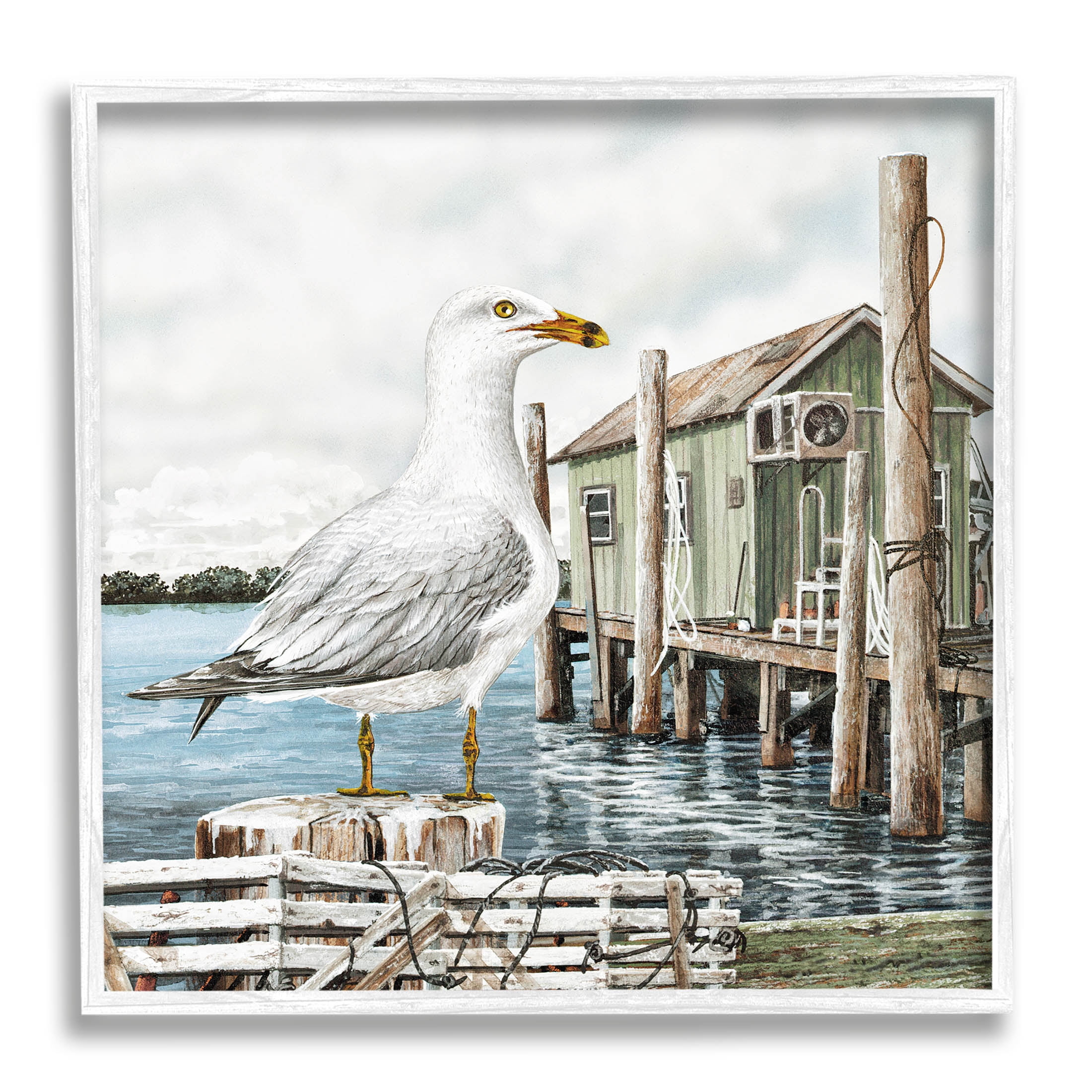 Coastal Seagull Perched Dock Marina Animals & Insects Painting White Framed Art Print Wall Art