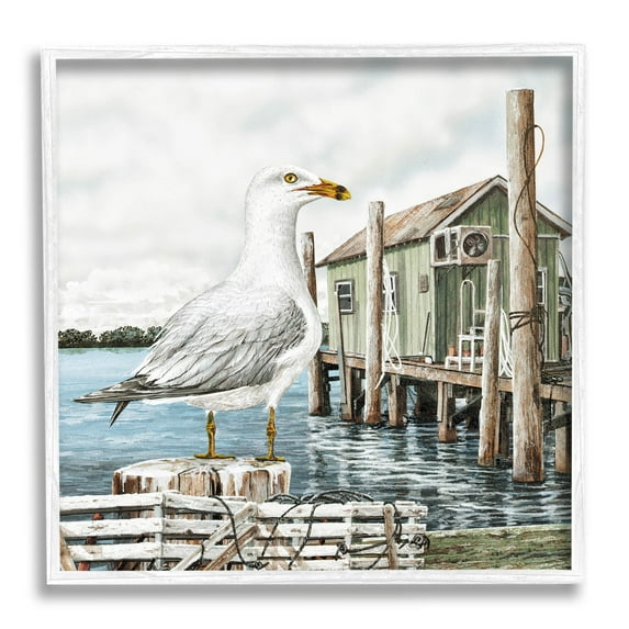 Coastal Seagull Perched Dock Marina Animals & Insects Painting White Framed Art Print Wall Art
