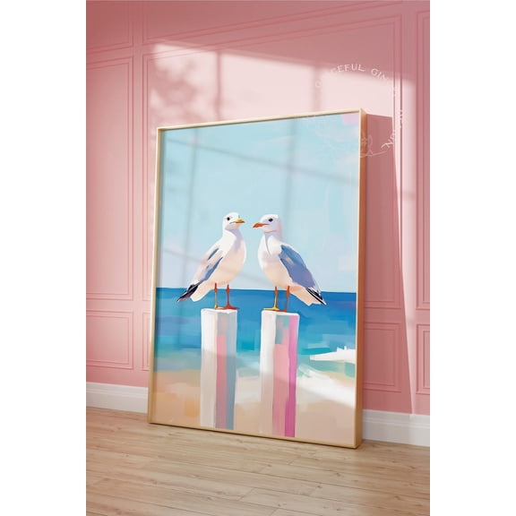 Coastal Seagull Print, Pastel Ocean Beach Bird Art Home Decor #2536, Unframed Poster Size 24x36