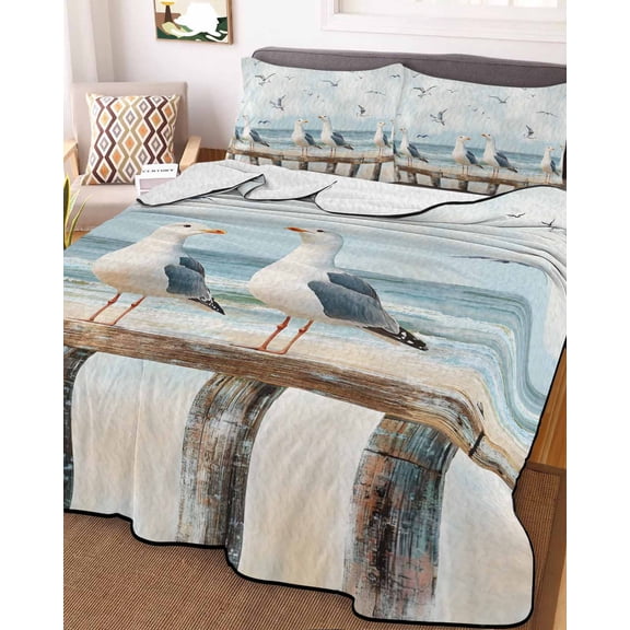 Coastal Seagull Twin Size Down Alternative Comforter, Lightweight Comforter Quilt Bedding Set with Pillow Shams Summer Beach Ocean Birds Retro All Seasons Bed Comforter Duvet Insert 68"x86"