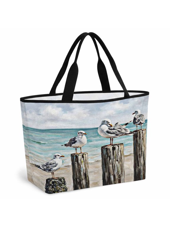 Coastal Seagulls Beach Bag for Women, Large Breathable Mesh Beach Tote Bag, Modern Wooden Pilings Ocean Beach Sandproof Lightweight Travel Bags for Vacation Picnic Swimming Pool 15.7"x15.7"x9.1"