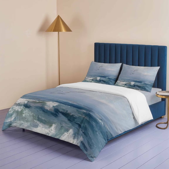 Coastal Seagulls Blue Crashing Waves Queen Size Bed Set,Rustic Seafoam Bedding for All Seasons,4 Pcs Bed Set,1 Quiltcover (90"x90"),1 Sheet (90"x102"),2 Pillowcases (20"x30")