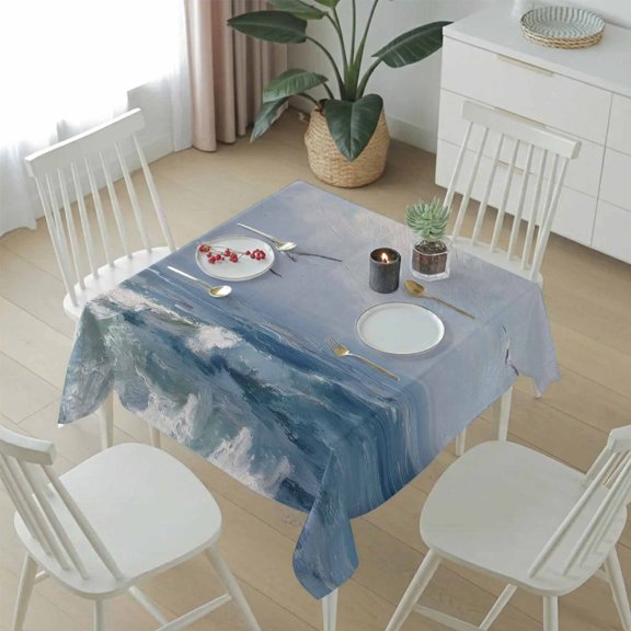 Coastal Seagulls Blue Crashing Waves Table Cloth 54x54in, Waterproof Square Tablecloth Wipeable Tablecloths Rustic Seafoam Table Covers for Dining Tables Party Indoor Outdoor