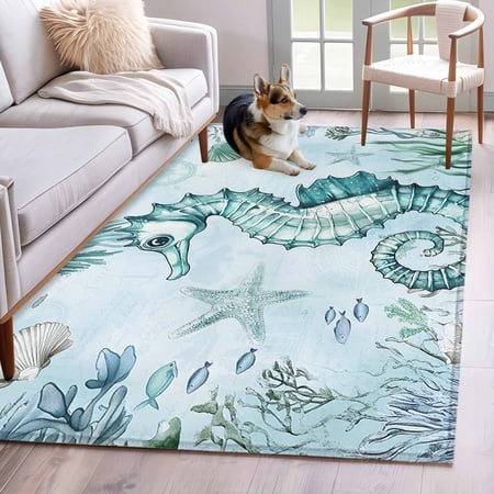 Coastal Seahorse Area Rug 3x5 FT, Non Slip Entryway Bedside Carpet, Ocean Nautical Starfish Seashells Coral Washable Soft Floor Carpet Indoor Mat Non-Shedding Throw Rugs for Dorm Kitchen Home Office