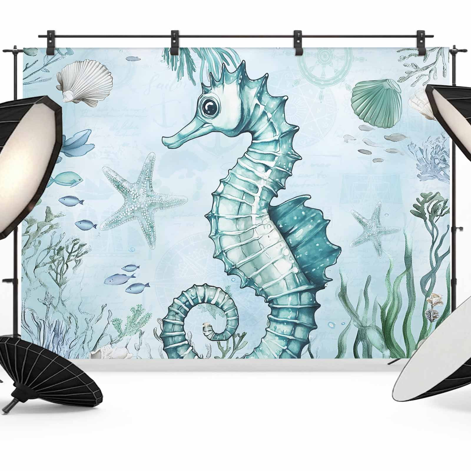 10x8ft photo backdrop, starfish coastal soft polyester... Coastal Seahorse Backdrop for Photography,Fabric Photo Background ...
