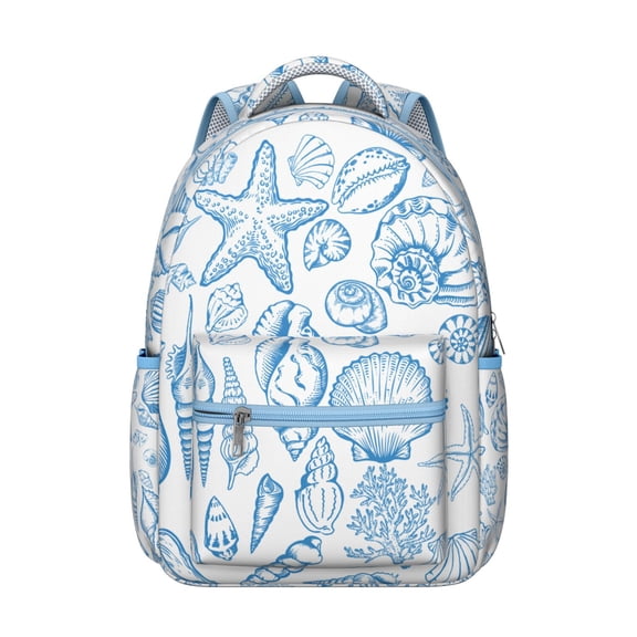 Coastal Seahorse Backpack for Student Waterproof Durable Composite Oxford Cloth with Tropical Seashells and Waves Print, Adjustable Straps, Comfortable and Spacious for School and Beach